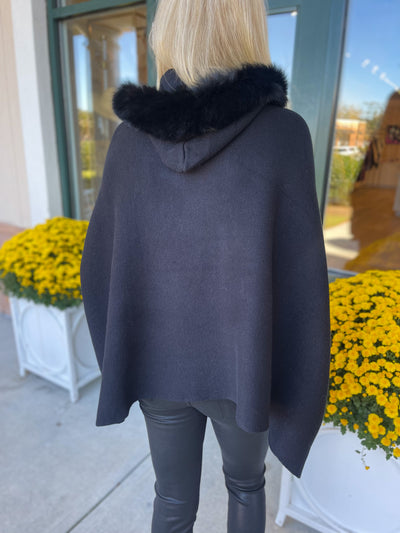 Knit Poncho With Sleeves & Fox Trimmed Hood Black