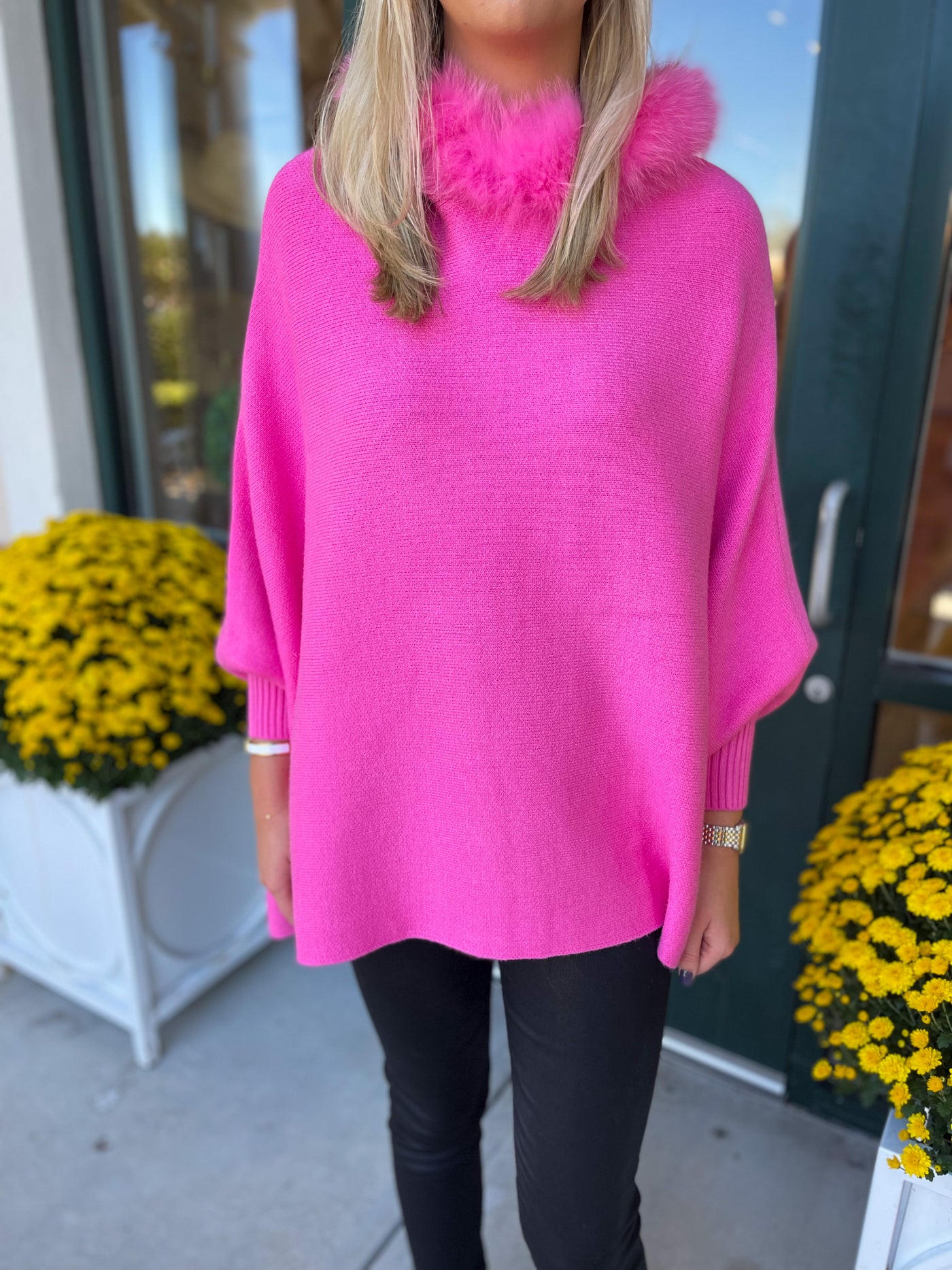 Knit Poncho With Sleeves & Fox Trimmed Hood Pink