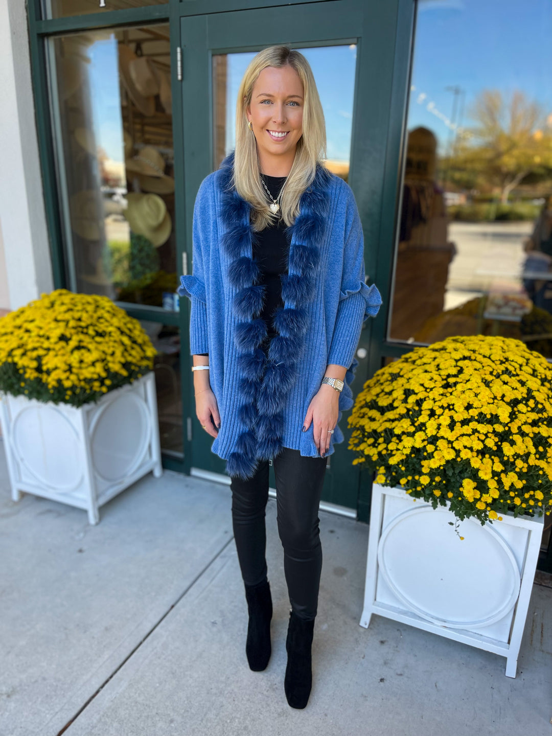 Gigi Pom Pom Wrap Denim Blue