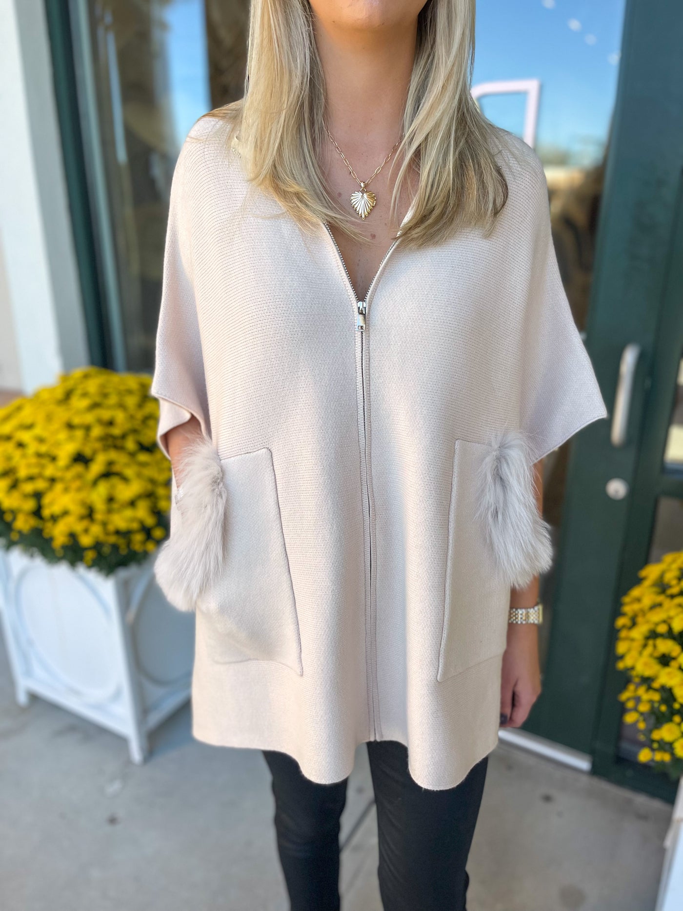 Zip Up Knit Cape With Fox Trim Pockets