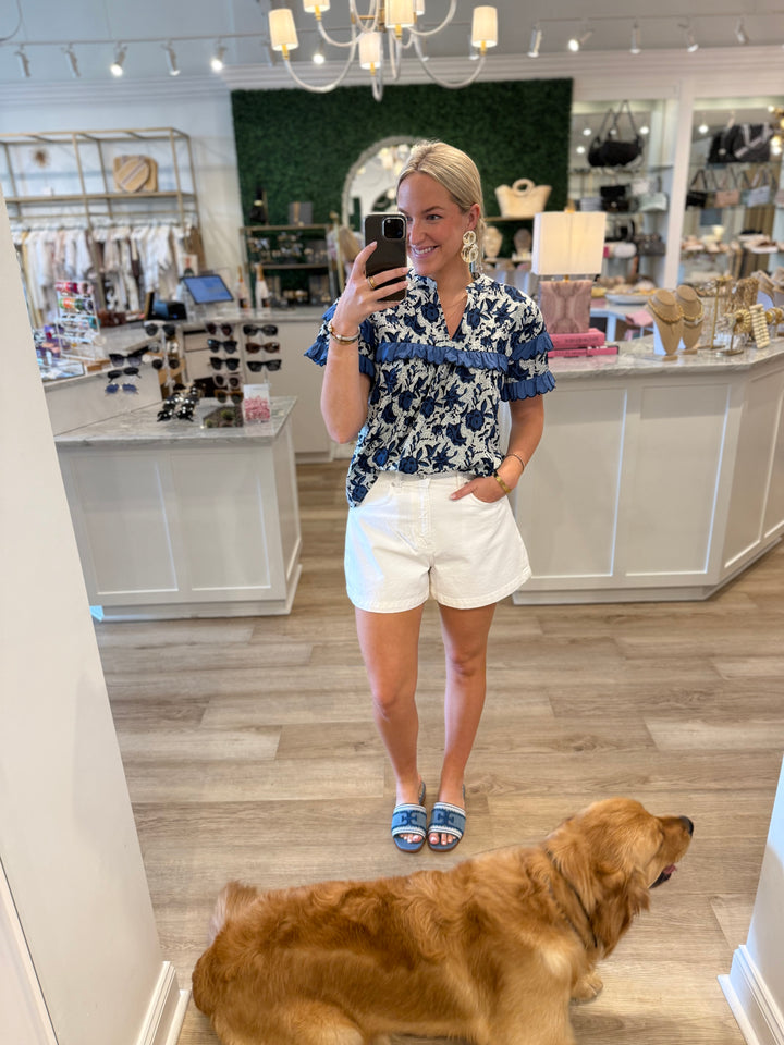 Caty Ruffle Trim Top Blue
