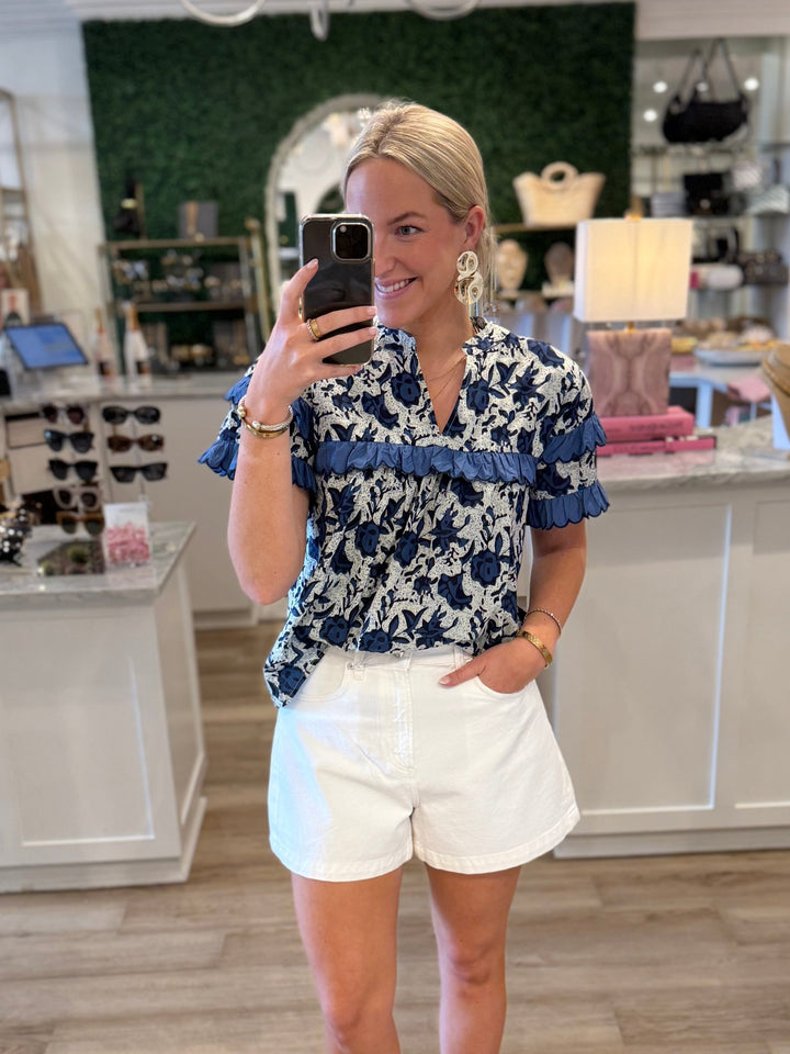 Caty Ruffle Trim Top Blue