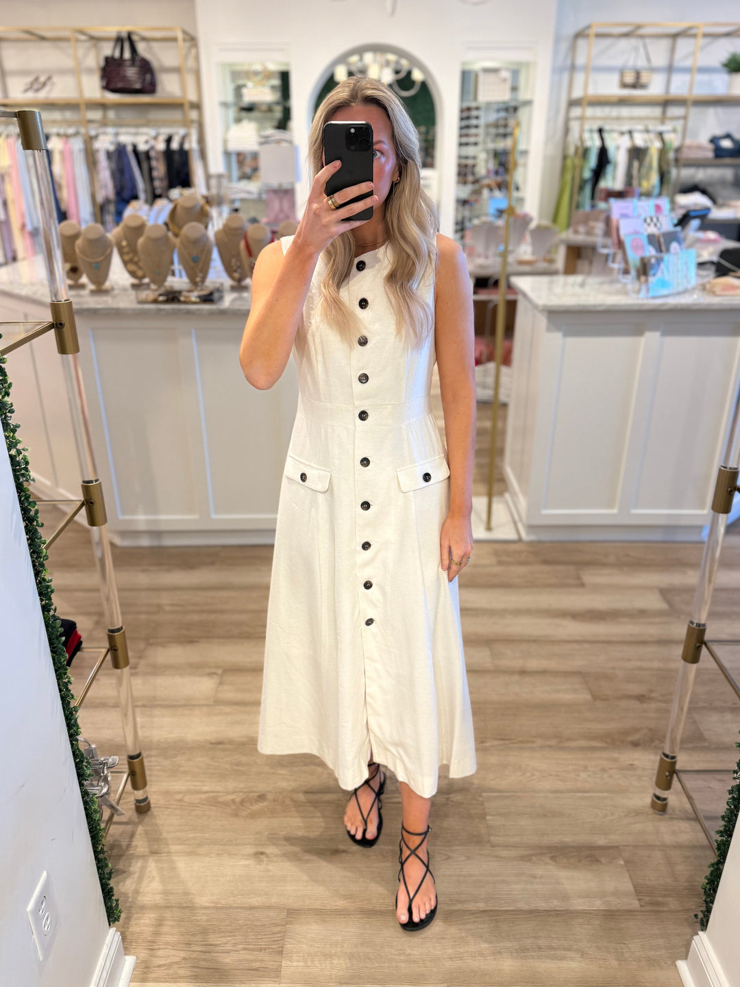Solid Button Up Linen Dress Oatmeal