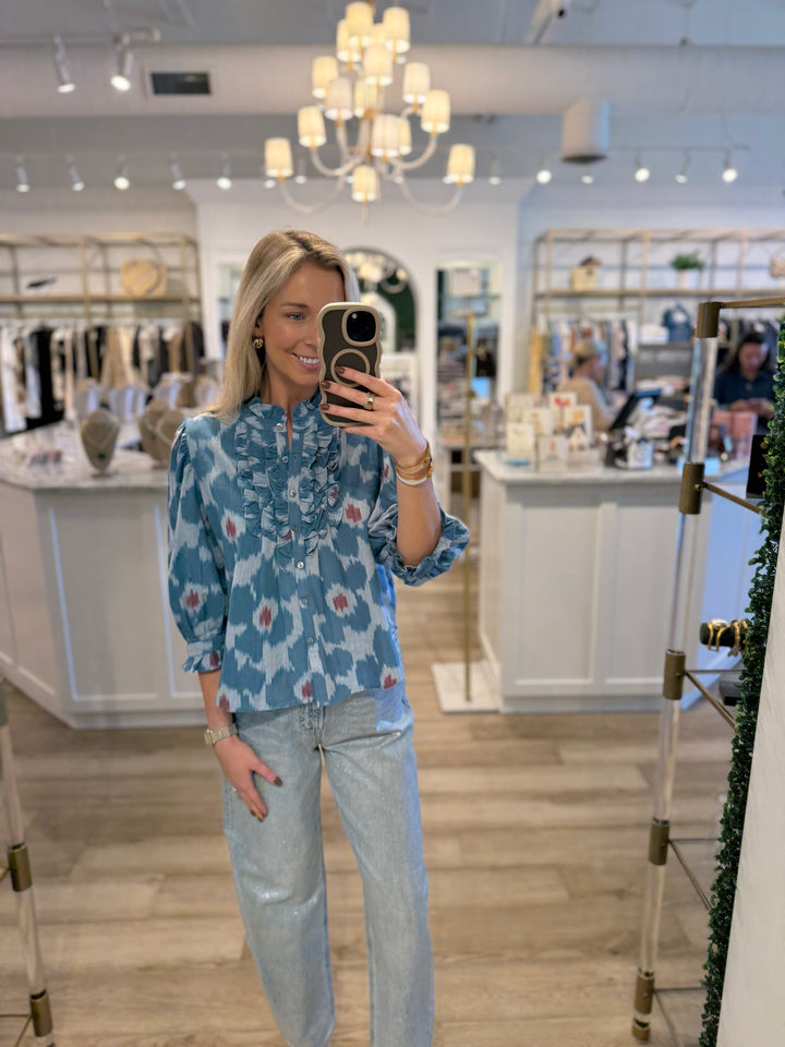 Ruffle Front Button Blouse Jinja Blue