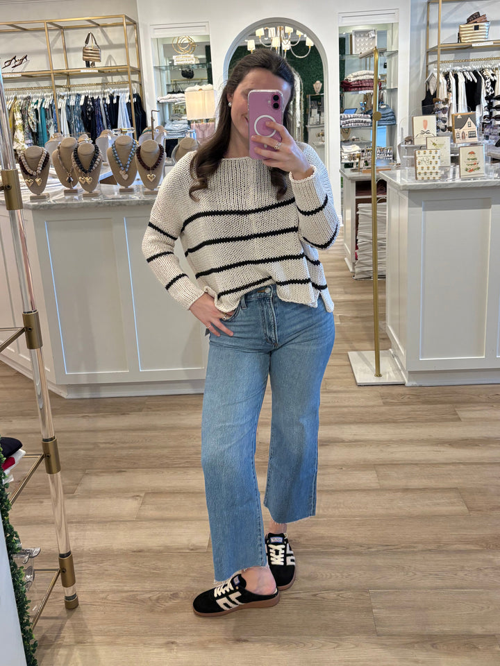 Key West Striped Chunky Crew Cotton Almond Butter/Black