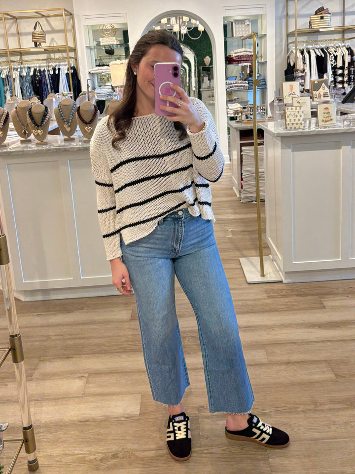 Key West Striped Chunky Crew Cotton Almond Butter/Black