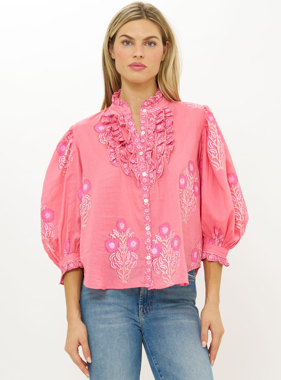 Ruffle Front Button Blouse Raton Pink