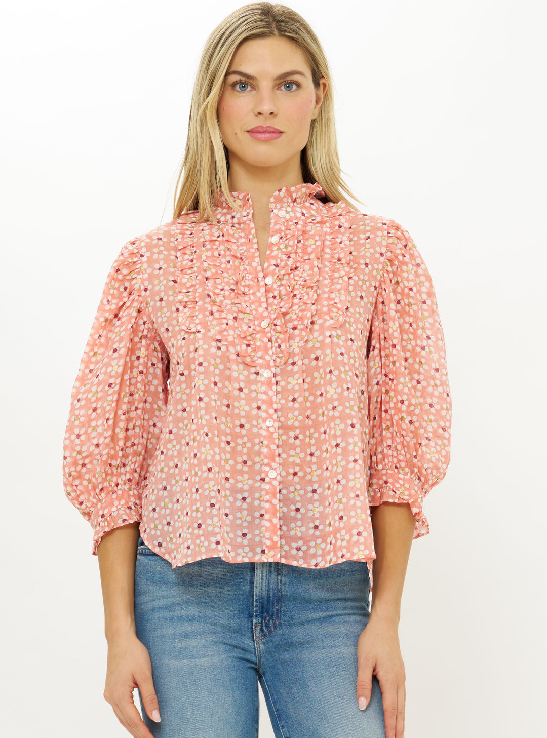 Ruffle Front Button Blouse Aster Pink