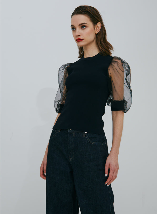 Tulle Puff Sleeve Crew
