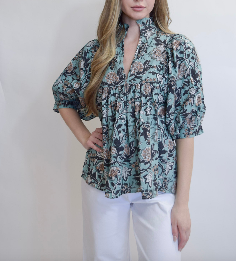 High Neck Top Blue Block Print