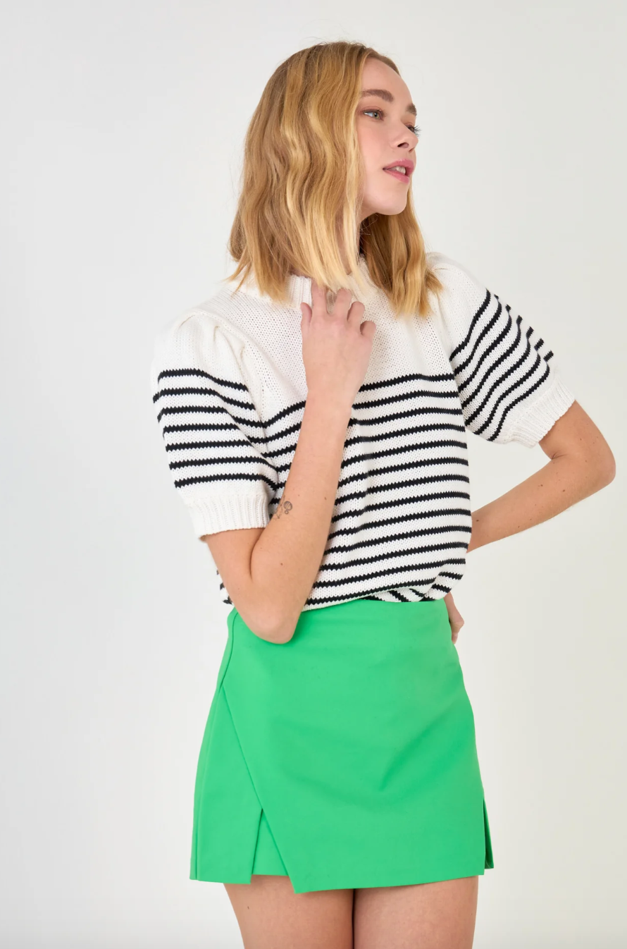 Stripe Short Puff Sleeve Sweater