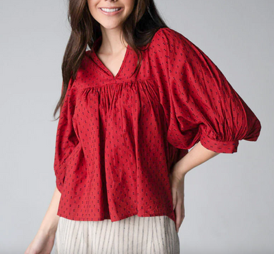 High Neck Top Burgundy Swiss Dot
