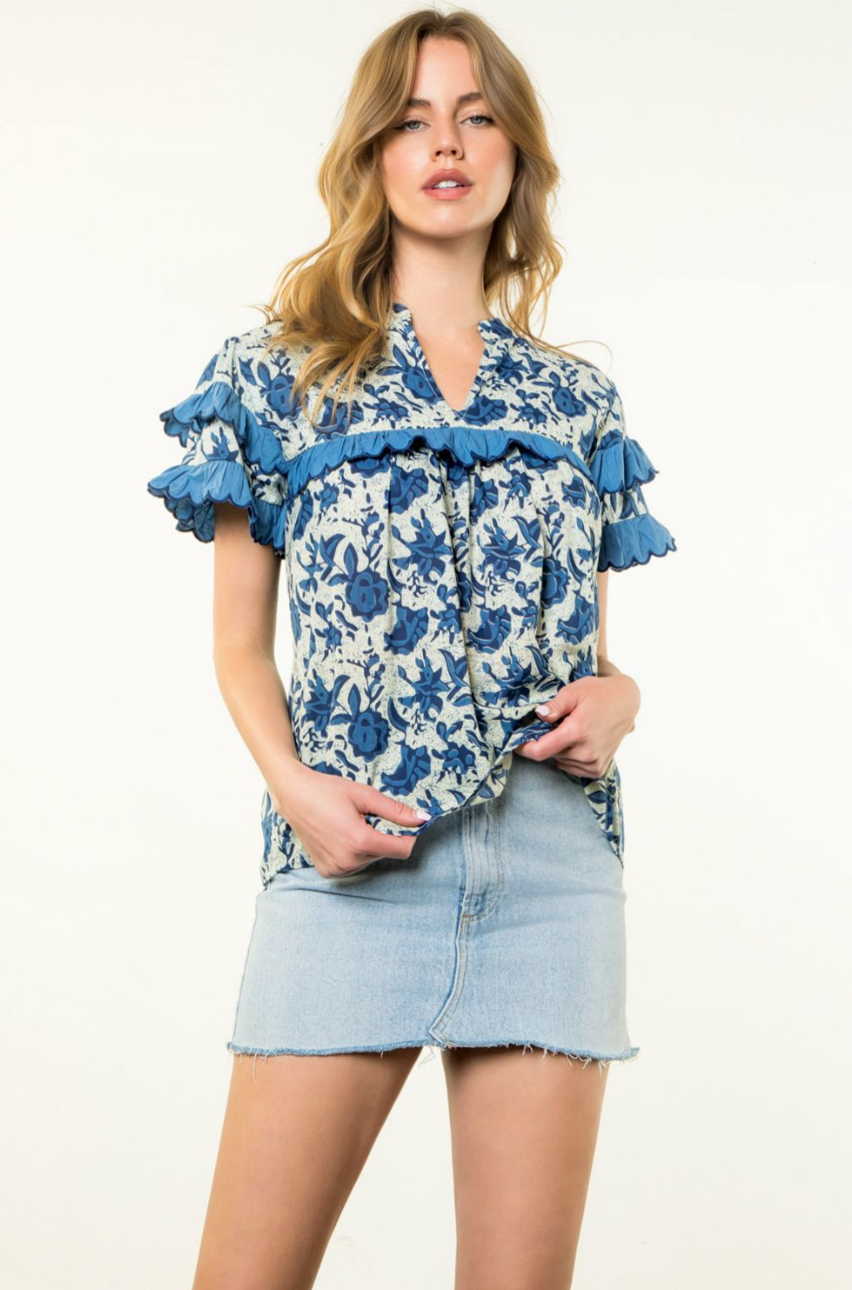 Caty Ruffle Trim Top Blue