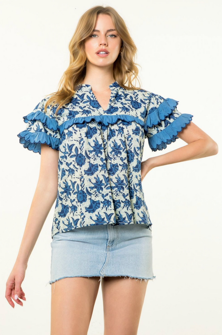 Caty Ruffle Trim Top Blue