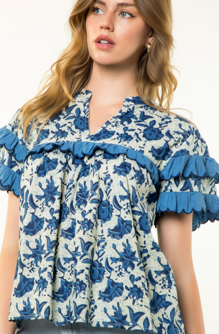 Caty Ruffle Trim Top Blue