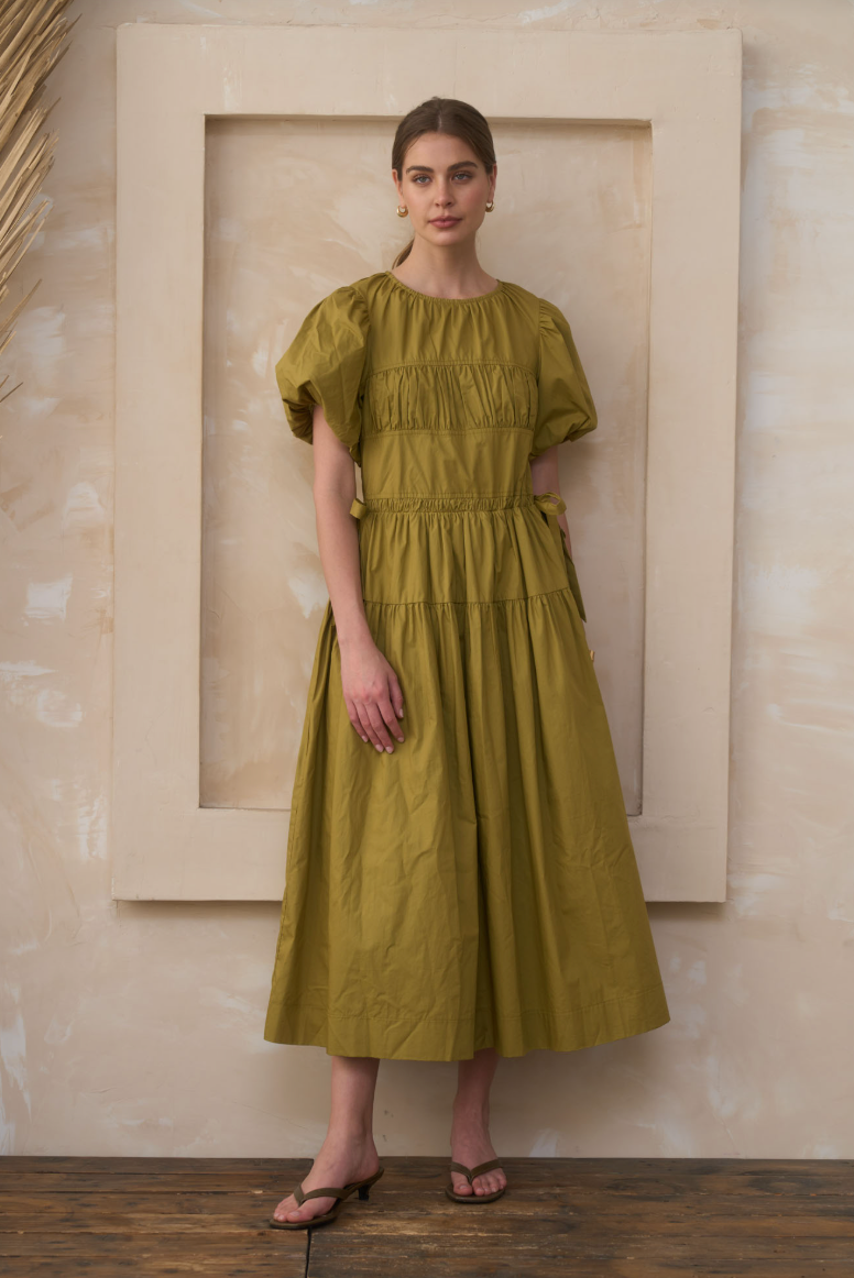 Round Neck Puff Sleeve Midi Dress