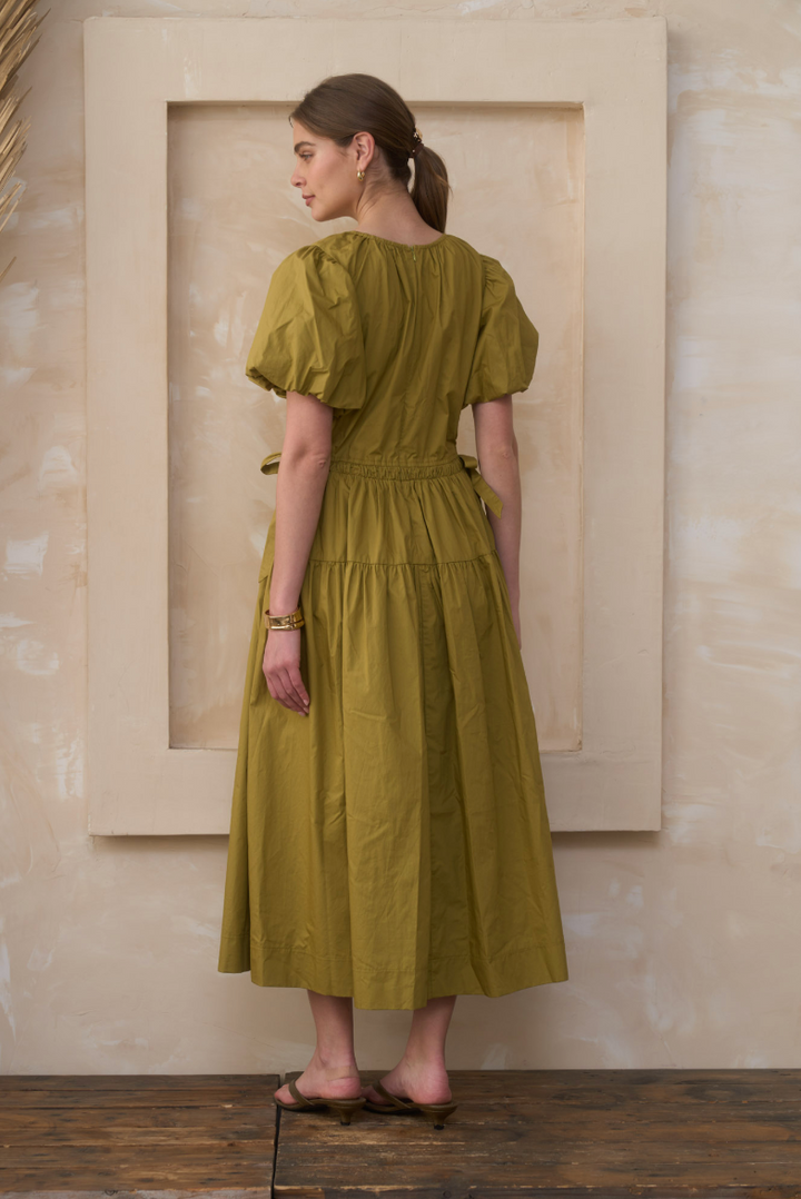 Round Neck Puff Sleeve Midi Dress