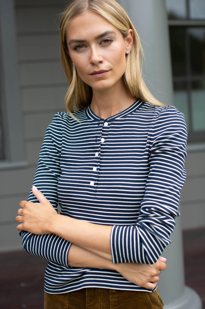 Puff Sleeve Henley Navy/Ivory Stripe