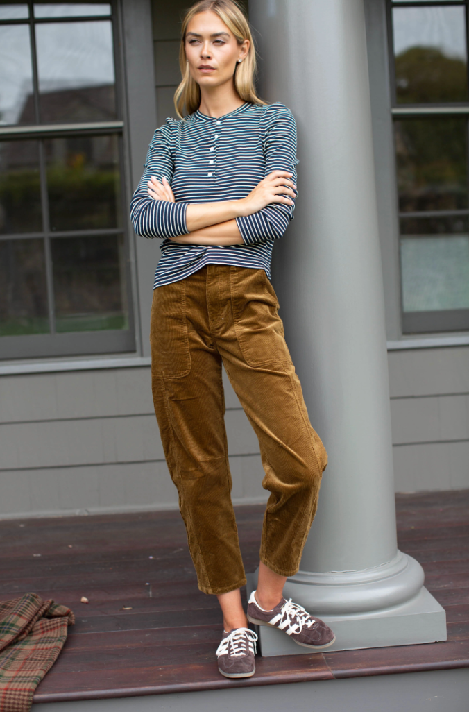 Puff Sleeve Henley Navy/Ivory Stripe