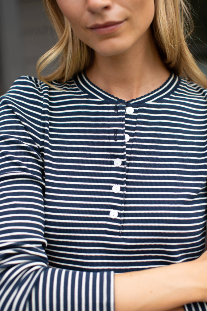 Puff Sleeve Henley Navy/Ivory Stripe