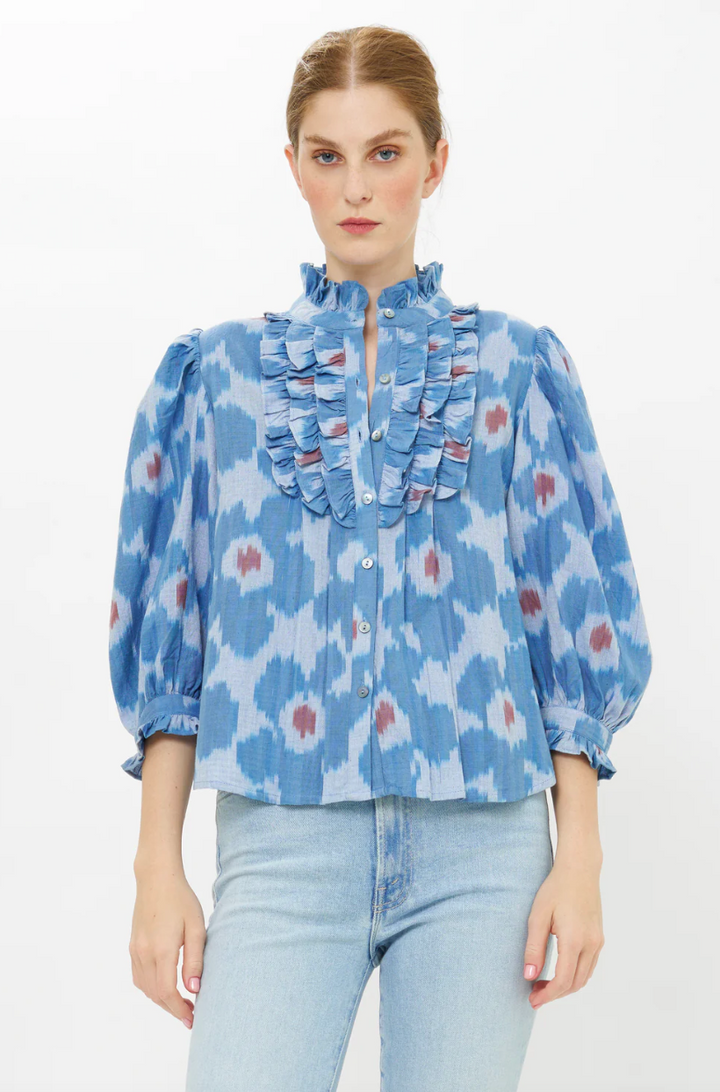 Ruffle Front Button Blouse Jinja Blue