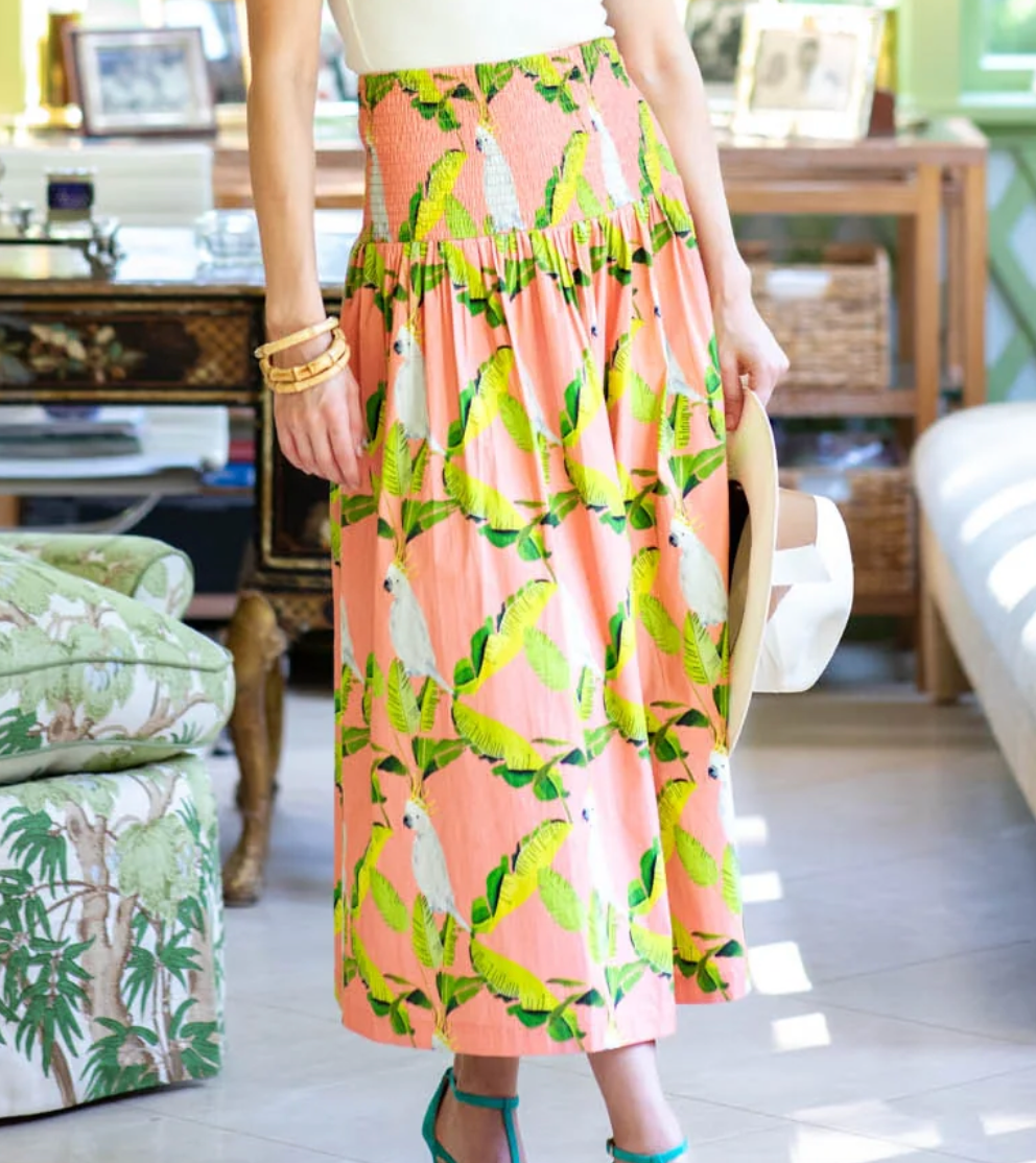 Betsey Skirt Birds in Paradise Coral Cockatoo