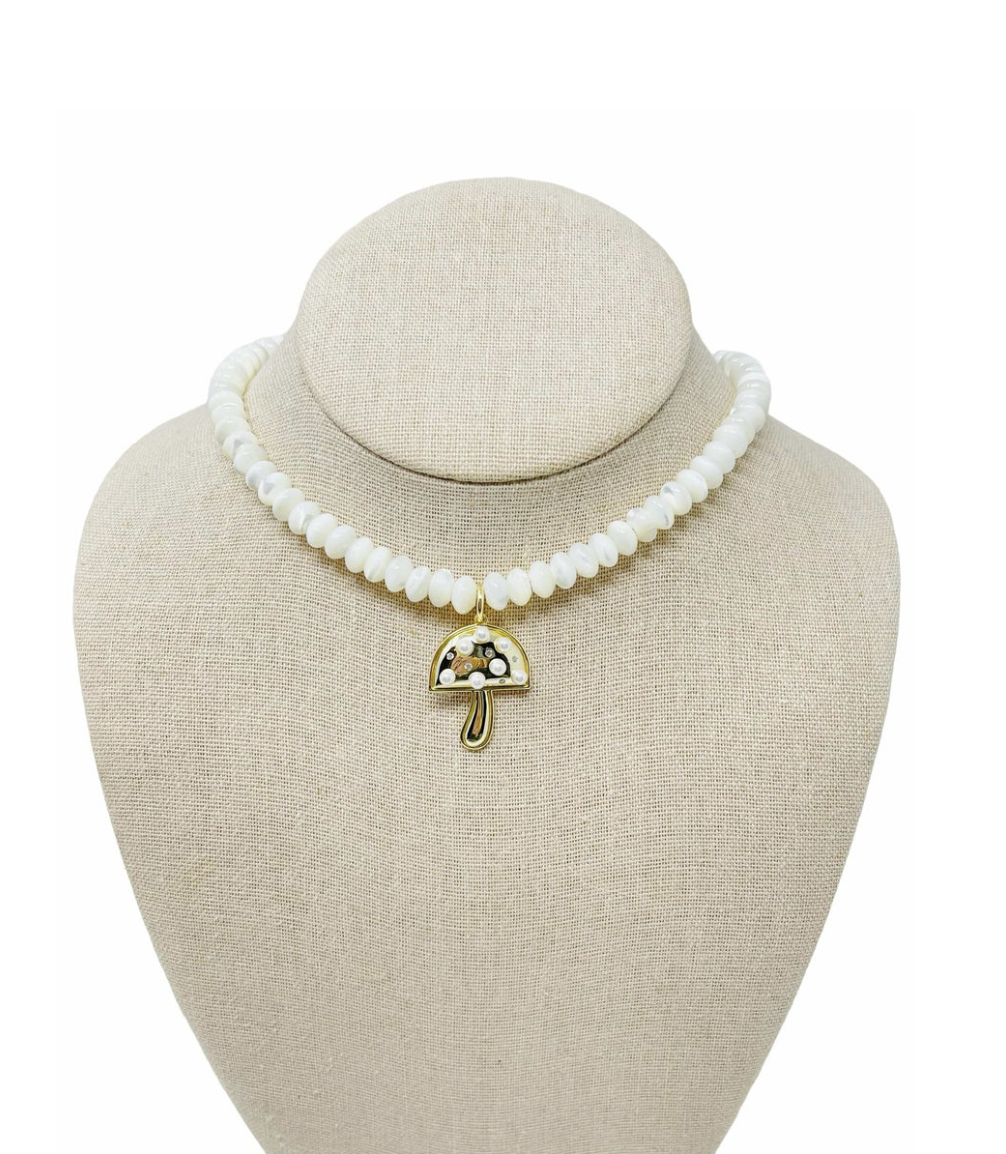 Mother Of Pearl Gemstone Mushroom Necklace