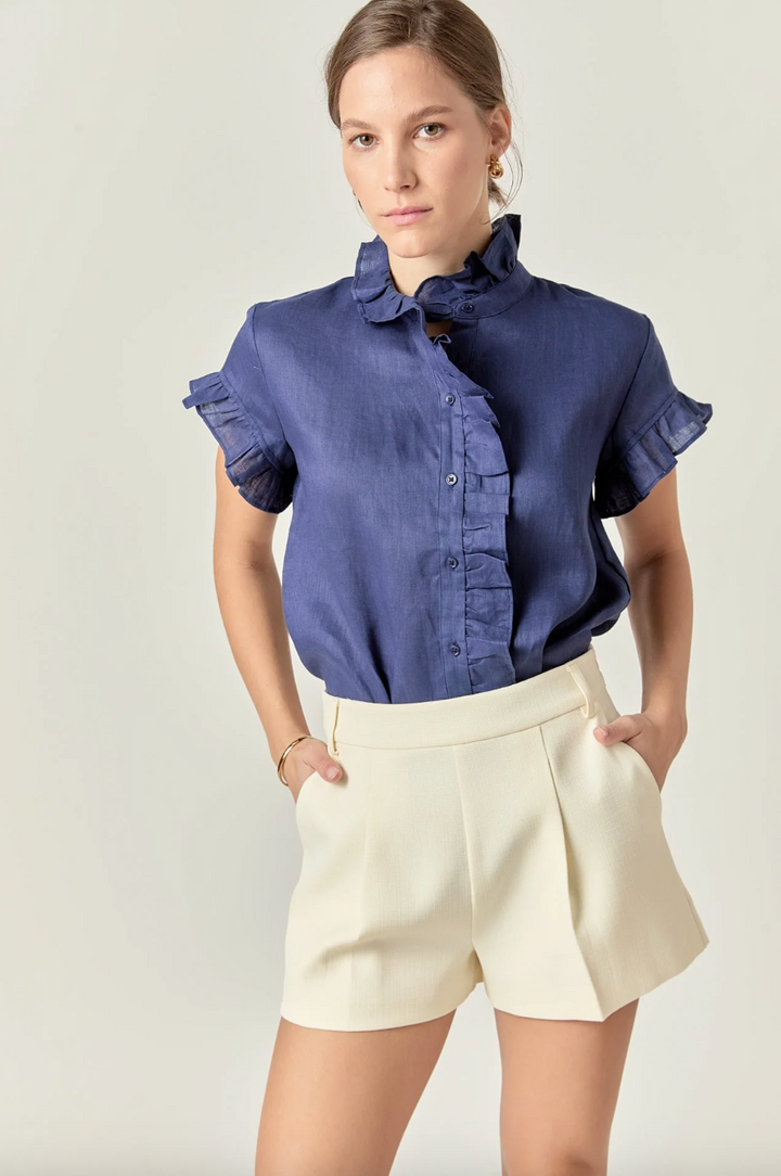 Linen Ruffle Shirt Navy