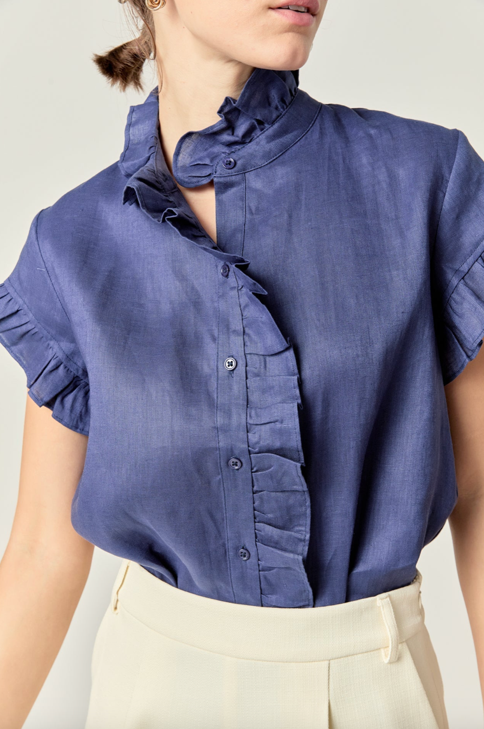 Linen Ruffle Shirt Navy
