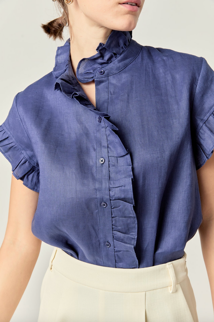 Linen Ruffle Shirt Navy