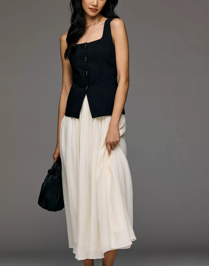 Square Neck Open Front Vest Twofer Dress