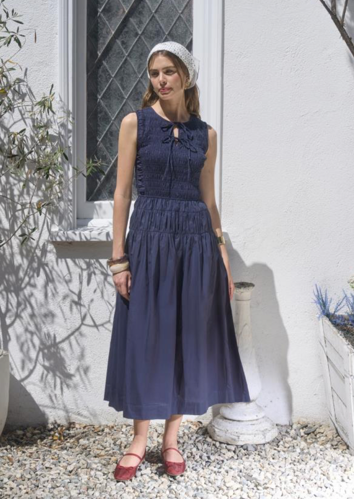 Smocked Shirred Waist Midi Dress