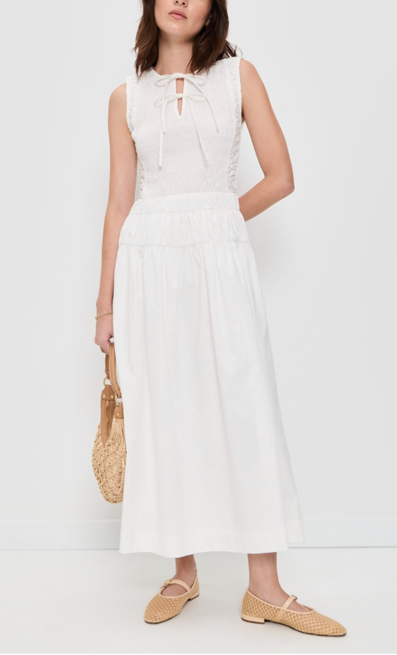 Smocked Shirred Waist Midi Dress White