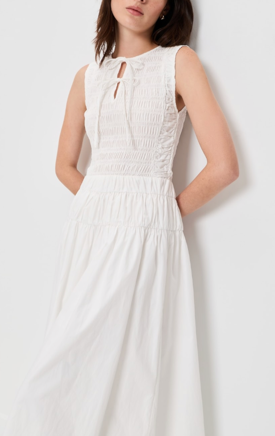 Smocked Shirred Waist Midi Dress White