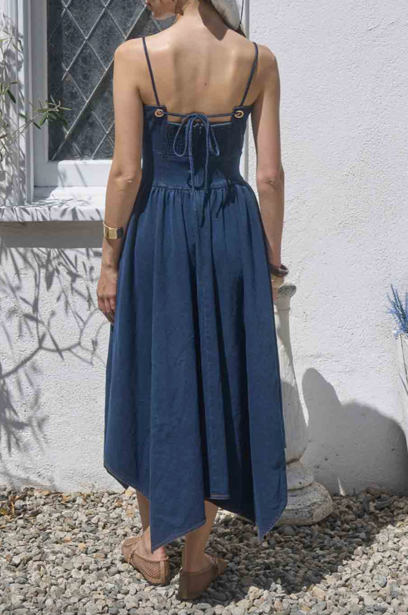 Adjustable Spaghetti Strap Handkerchief Hem Denim Midi Dress
