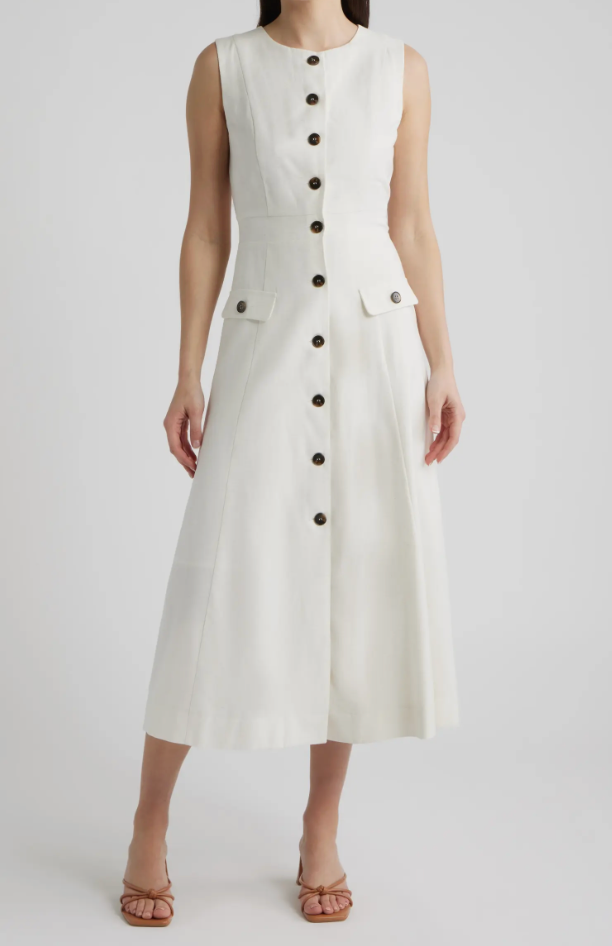 Solid Button Up Linen Dress Oatmeal
