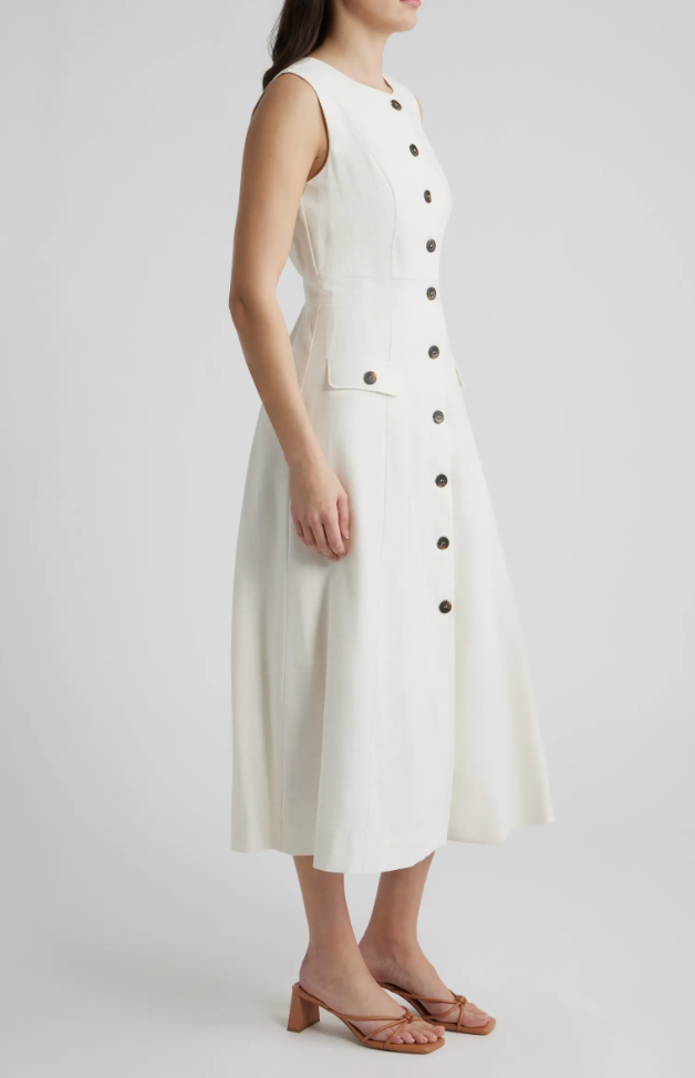 Solid Button Up Linen Dress Oatmeal