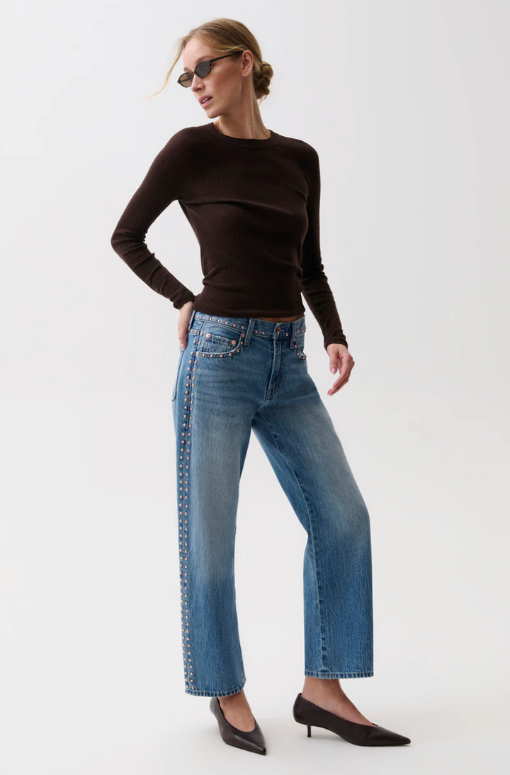 Lexi Mid Rise Bowed Straight Jean Star Studded