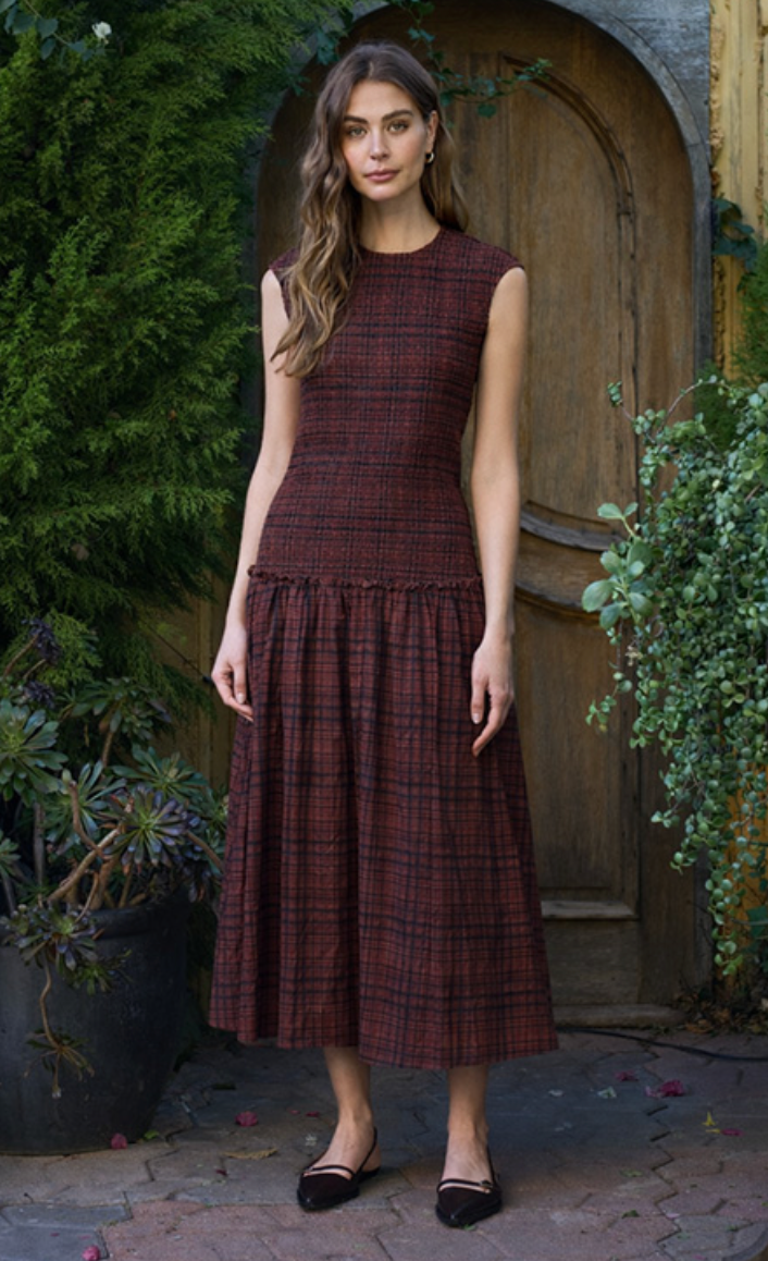 Smocked Top Plaid Midi Dress