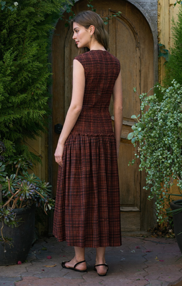 Smocked Top Plaid Midi Dress