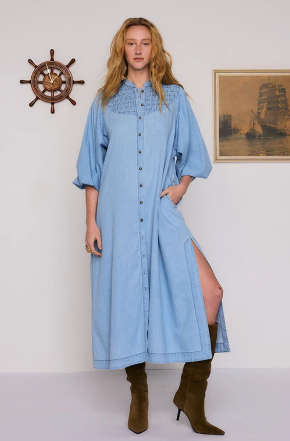Chambray Smocked Midi Dress