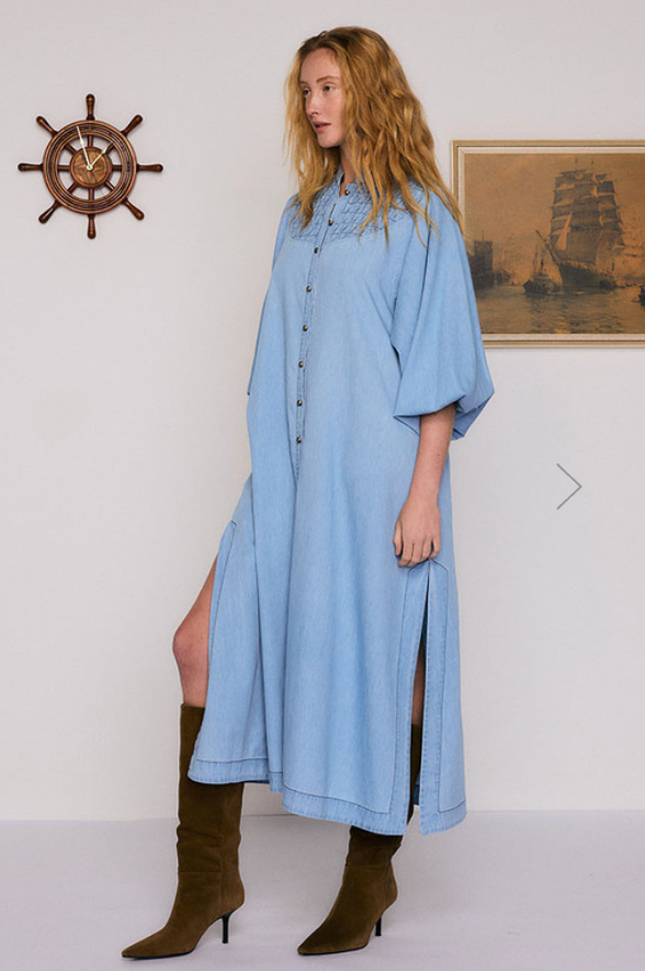 Chambray Smocked Midi Dress