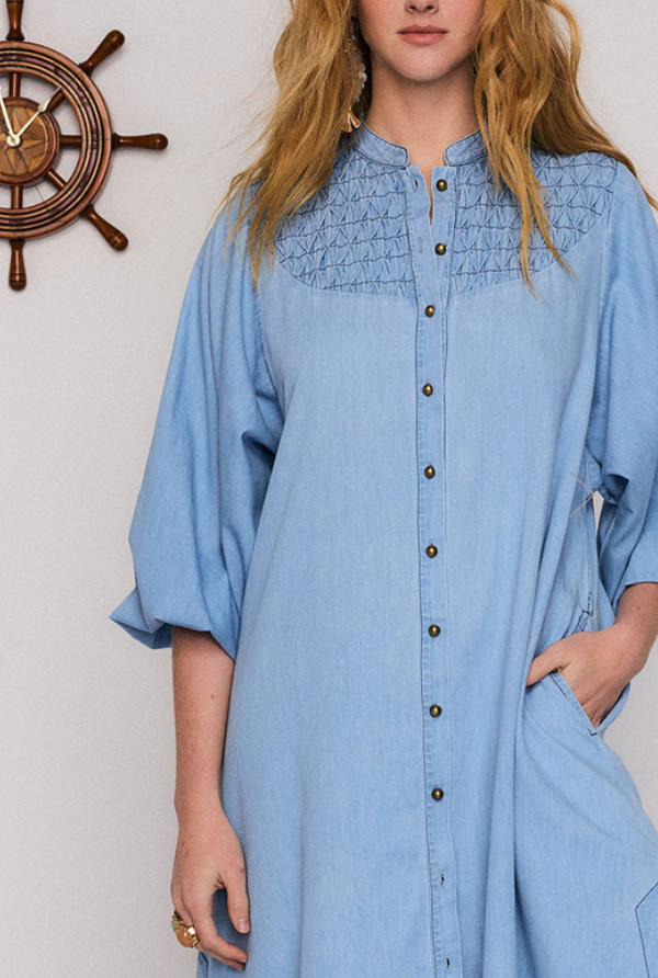 Chambray Smocked Midi Dress