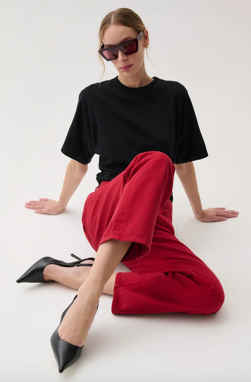 Lexi Mid Rise Bowed Straight Jean Savvy Red