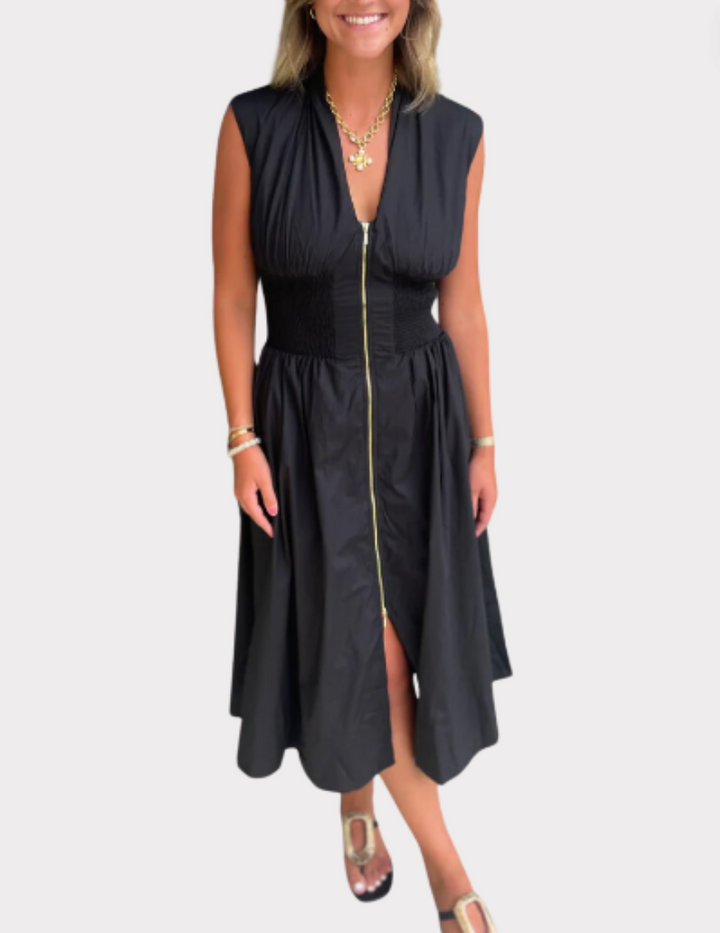 V-Neck Zip-up Dress Black