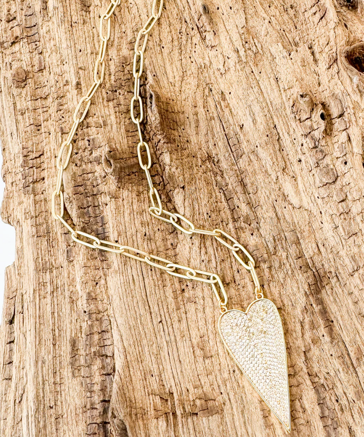 Large Paperclip Pave Dagger Heart Necklace