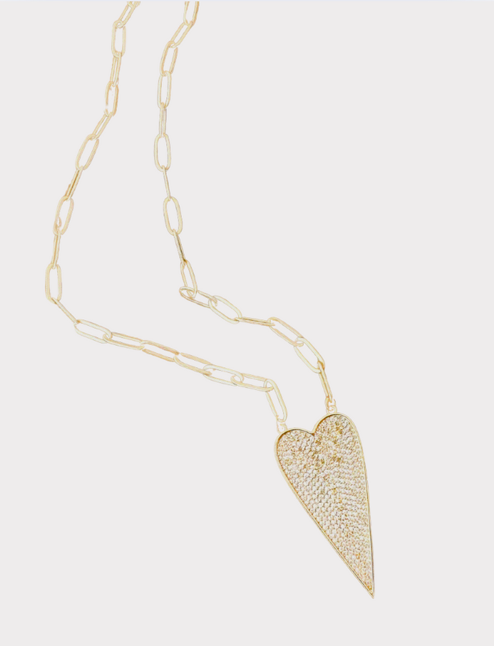 Large Paperclip Pave Dagger Heart Necklace