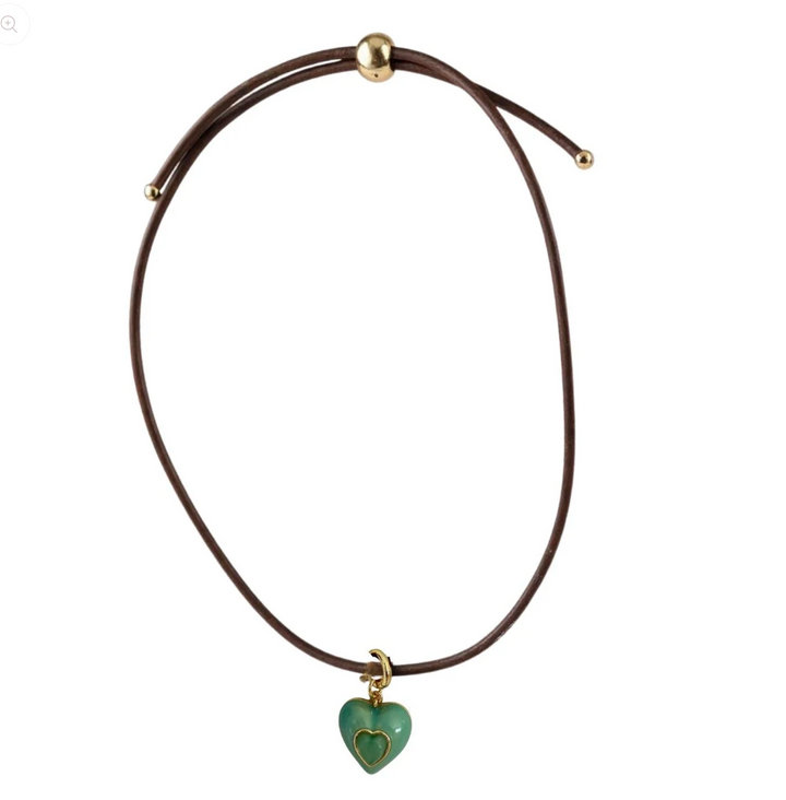 Heart Leather Cord Necklace -Brown - Heart Charm: Turquoise
