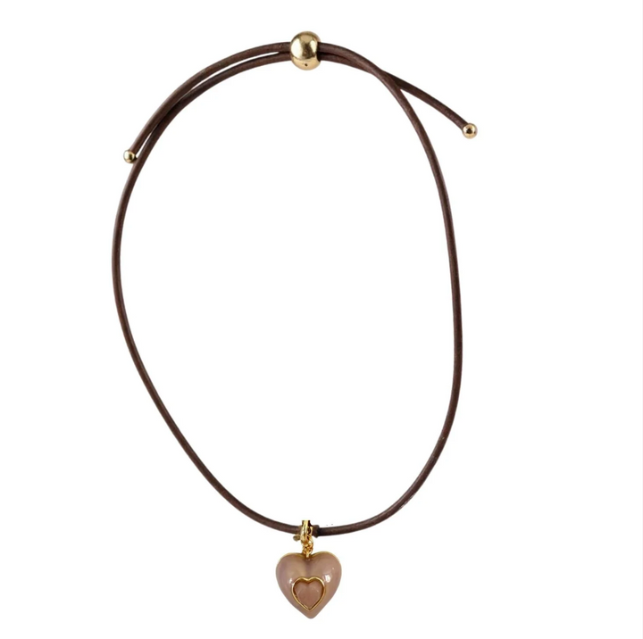 Heart Leather Cord Necklace - Brown - Heart Charm: Rose
