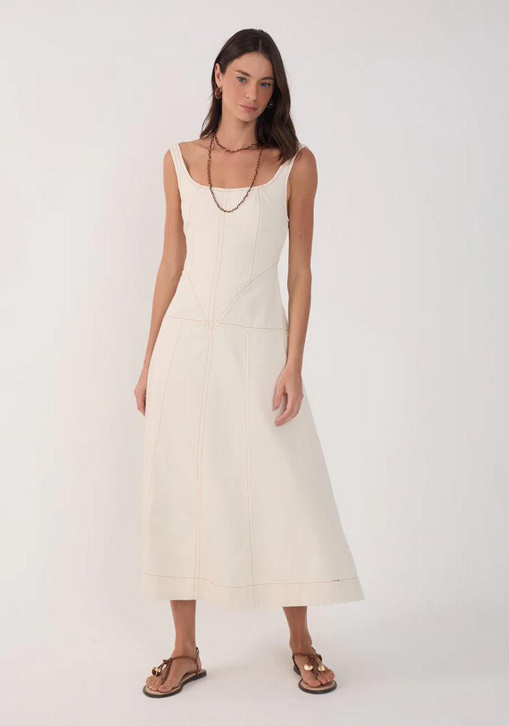 Topstitched Midi Dress Off White